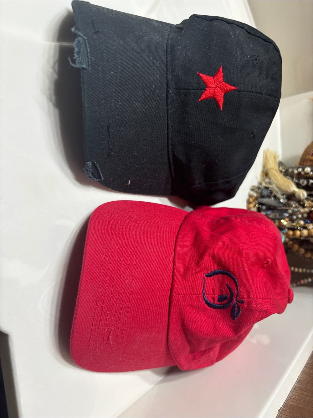 Black and Red Star Embroidered Cap & Red Embroidered Peach Logo Cap - Women’s